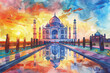 A painting of the Taj Mahal with a blue sky and a red sun