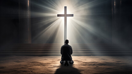 A man kneeling in prayer before a glowing a Jesus cross, symbolizing faith, spirituality, and divine presence.