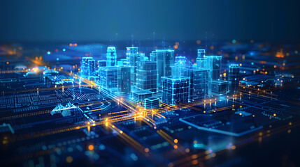 Wall Mural - wi-fi smart city or network. low poly wireframe. building automation with computer board illustratio