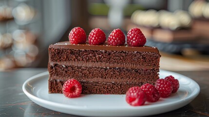 Wall Mural - Chocolate Cake With Raspberries on a Plate