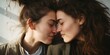 Young lesbian couple touches foreheads to each other closeup. Generative AI.