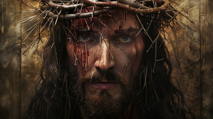 Wall Mural - A man with a crown on his head and blood on his face. The man is Jesus Christ