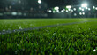 A soccer field with a bright green grass. The field is lit up with bright lights, creating a lively atmosphere