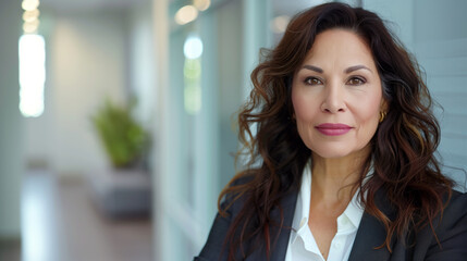 copy space, best job candidate hispanic female, age around 55, indoor business office related background or meeting room. Succesful hispanic business woman, smiling.