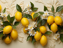 Fresh Yellow Lemons And White Flowers On A Pastel Background