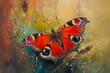 A red butterfly is sitting on a green grassy field. The butterfly is surrounded by a splash of color, with the grass and the sky in the background. Concept of freedom and beauty