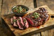 © Oksana - Grilled flank steak cut into slices with vibrant chimichurri sauce on a wooden cutting board.