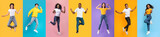 Fototapeta  - Vibrant Multi-Colored Background With Joyful People Jumping