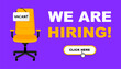 Recruitment advertising banner. We are hiring join our team poster. Announcement job open vacancy. Hiring recruitment advertising template. Office Chair with sign vacant. Business recruiting concept.
