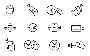 NFC payment icon set. Contactless wireless pay sign. NFC technology icon. Credit card nfc payment. Editable stroke. Vector line icon.