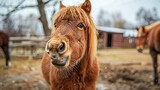 Fototapeta  - Portrait funny a little horse laugh smiling at a zoo. AI generated image