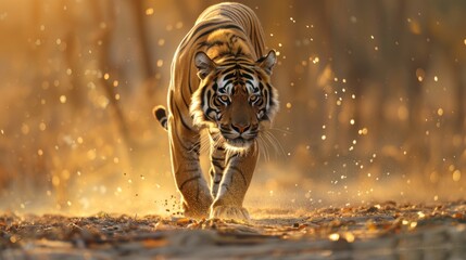 Wall Mural - Wild male tiger walk alone during the golden summer nature scene. AI generated image