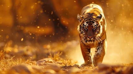 Wall Mural - Portrait wild male tiger walking in the savanna at golden summer scene. AI generated image