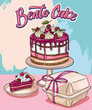 Cute shaped bento cake with Cherry and Raspberry poster. Romantic dessert. Valentine day and anniversary pastry food. Love sticker for card, poster, collage design.