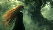 Mystical Marvel: In a mystical forest shrouded in mist, a bewitching redhead with emerald glasses navigates through the ancient trees with an air of otherworldly grace. The dapplin