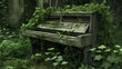 An abandoned piano overgrown with lush foliage in a dense forest setting, the weathered instrument in the verdant tapestry of the surrounding wilderness.