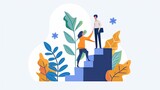Fototapeta Sport - Business mentor helps to improve career and holding stairs steps vector illustration