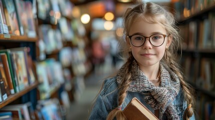 Sticker - Young Girl Holding Book in Library