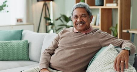 Poster - Senior, man and watching tv in home to relax with happiness on vacation or holiday in retirement. Elderly, person and portrait of streaming on sofa and click choice for comedy movies, series or film