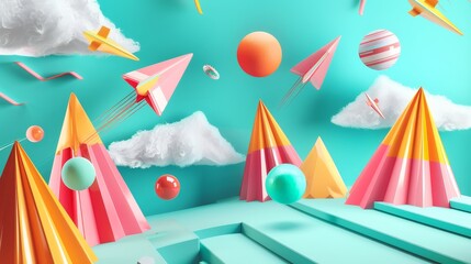 Wall Mural - Geometric and abstract  3d renderings of flying objects in a startup theme  AI generated illustration