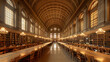 A grand reading room in a public library with towering bookshelves and classic reading tables.