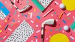 Golf clubs and tees in a vibrant Memphis-inspired pattern   AI generated illustration