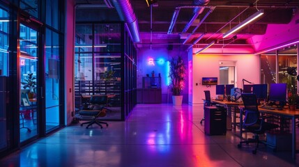 Sticker - Glowing neon signs illuminating the office space   AI generated illustration