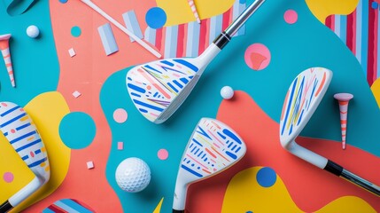 Golf clubs and tees in a vibrant Memphis-inspired pattern   AI generated illustration