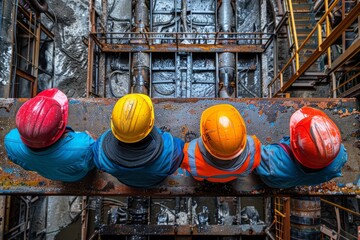 Four workers wearing colorful hard hats sitting in a row at an industrial site, taking a break from work