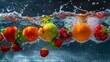 Dynamic scene of fresh fruit and vegetables splashing into water, capturing the essence of freshness and vitality
