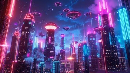 Poster - Neon-colored flying objects in a futuristic cityscape with glowing skyscrapers   AI generated illustration