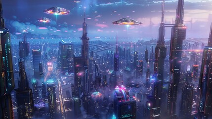 Poster - Neon-colored flying objects in a futuristic cityscape with glowing skyscrapers   AI generated illustration