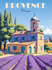 Wall Mural - Provence, France Travel Destination Poster in retro style. Old church and lavender fields landscape digital print. European summer vacation, holidays concept. Vector art illustration.