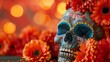 Vibrant Day of the Dead Celebration with Artistic Skull and Florals. Concept Day of the Dead, Celebration, Skull Art, Floral Decor, Vibrant Colors