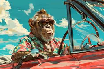 Wall Mural - A monkey is driving a car with sunglasses on. The monkey is wearing a Hawaiian shirt and is smiling. The car is red and has a steering wheel. The scene is bright and cheerful