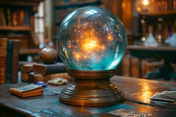 Crystal ball on table with esoteric attributes