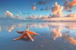 A starfish is laying on the beach, with the ocean in the background. The scene is serene and peaceful, with the starfish being the only object in focus