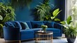 Elegant Living Room with Blue Velvet Sofa, Green Plants, and Modern Decor.