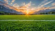 Scenic Green Soccer Pitch with Alpine Sunset Generative AI