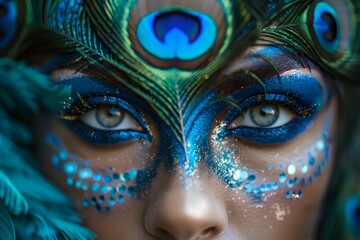Wall Mural - Peacock makeup, creative makeup in blue shades, beautiful woman's face