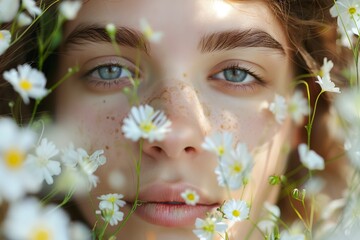 Woman portrait with flowers, close-up