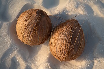 Wall Mural - Coconuts are on a sandy beach, palm leaves cast shadows, trendy summer composition