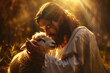 © forenna - divine photo of Shepherd Jesus Christ gently reassuring a frightened lamb, surrounded by soft light, conveying his presence as the loving protector and guide of his flock,