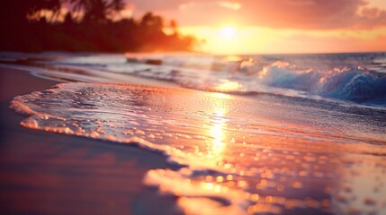 Wall Mural - Softly focused view of a deserted tropical beach at sunset 03