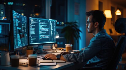 a software developer works on code late into the night, illuminated by the glow of multiple computer