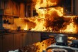 Close-up view contemporary kitchen engulfed flames raging inferno catastrophe 01