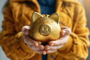 close-up shot smiling person holding golden piggy bank hands wealth financial concept 01