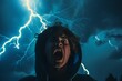 Close-up person shocked lightning storm intense emotion fear awe atmospheric dramatic 02