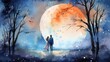 A watercolor couple stands under a large full moon. The sky is blue with white stars and orange clouds. There are bare trees on both sides. Valentine's Day.