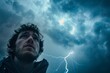 Close-up person lightning storm expression awe reverence raw power nature atmospheric weather dramatic courage resilience facing intense 03